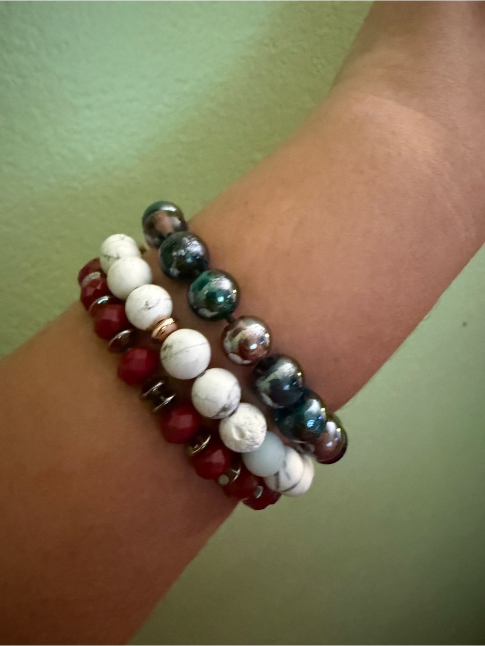 Multicolor Beaded Stretch Bracelet Set - Pearl White, Teal, Burgundy
